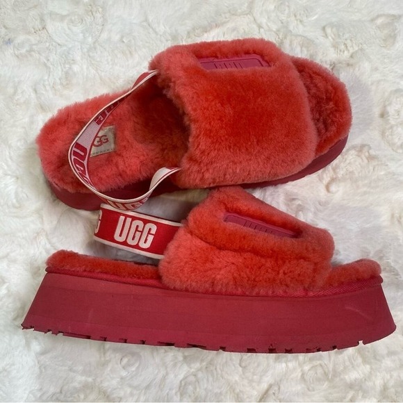 UGG Disco Slides Sandals Pink Cloud Sheepskin Fluff Fur‎ Slingback Strap Logo 7 - Picture 5 of 15